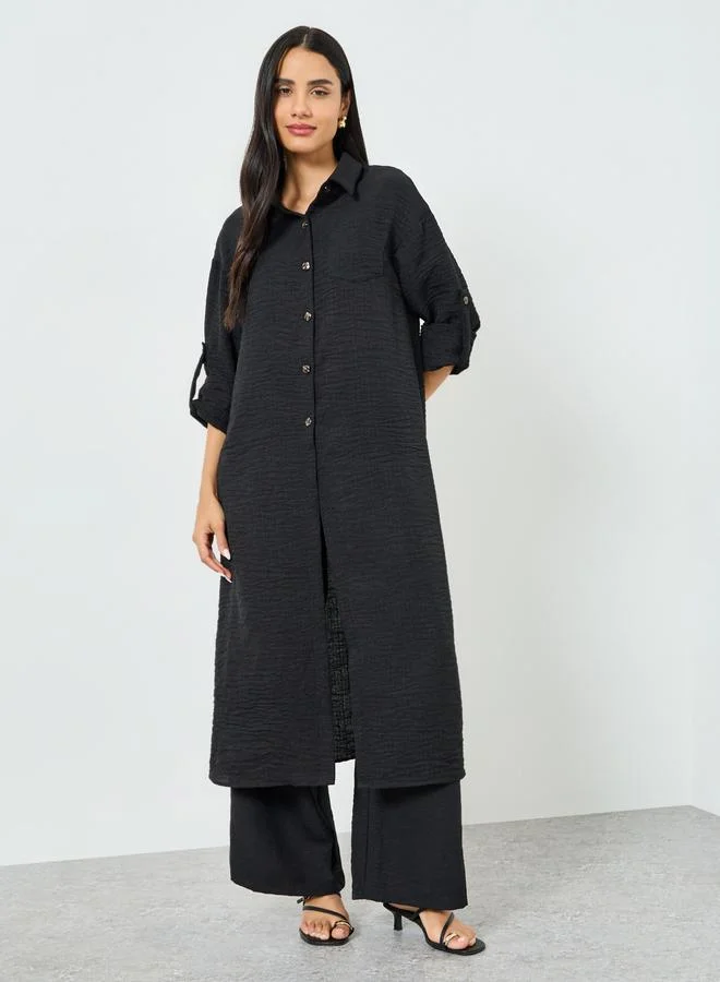 Styli Black Buttoned Shirt Kimono and Pant Co-ords